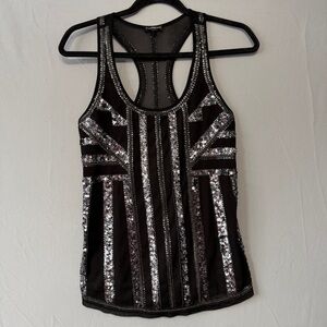 Express Womens Sequin Tank Top XS Black Glam Party Racerback Lined Showgirl READ